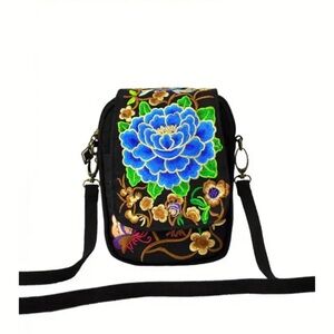 Elegant Blue Floral Embroidered Crossbody Bag